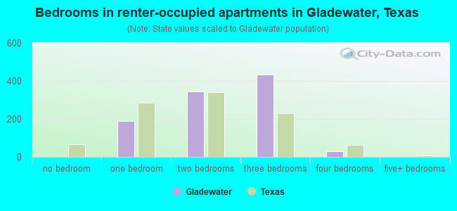 Bedrooms in renter-occupied apartments in Gladewater, Texas
