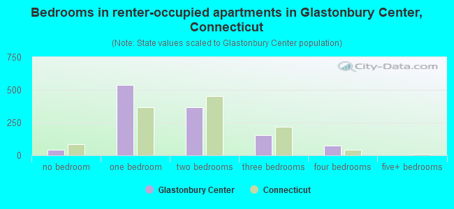 Bedrooms in renter-occupied apartments in Glastonbury Center, Connecticut