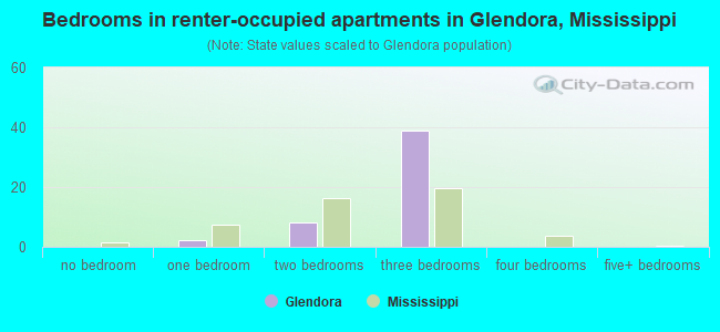 Bedrooms in renter-occupied apartments in Glendora, Mississippi