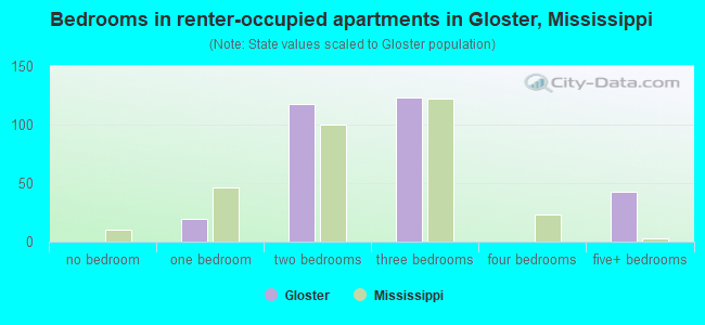 Bedrooms in renter-occupied apartments in Gloster, Mississippi