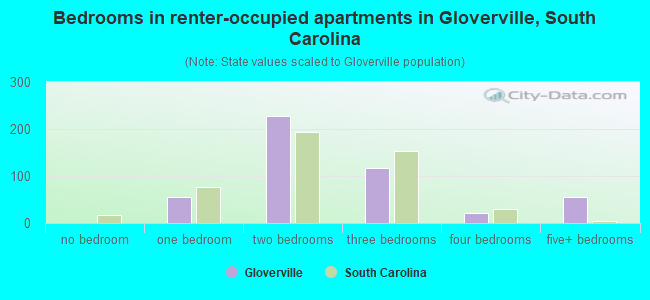 Bedrooms in renter-occupied apartments in Gloverville, South Carolina
