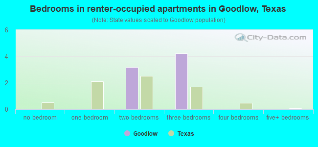 Bedrooms in renter-occupied apartments in Goodlow, Texas