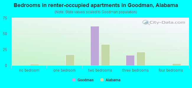 Bedrooms in renter-occupied apartments in Goodman, Alabama
