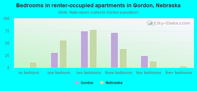 Bedrooms in renter-occupied apartments in Gordon, Nebraska