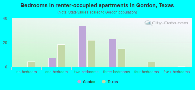 Bedrooms in renter-occupied apartments in Gordon, Texas