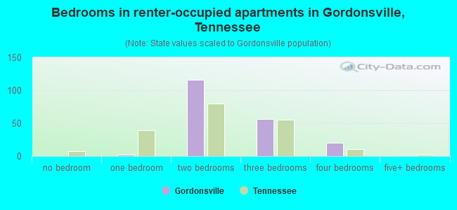 Bedrooms in renter-occupied apartments in Gordonsville, Tennessee