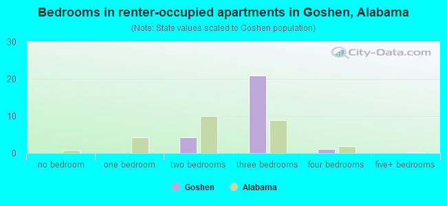 Bedrooms in renter-occupied apartments in Goshen, Alabama