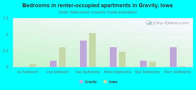 Bedrooms in renter-occupied apartments in Gravity, Iowa