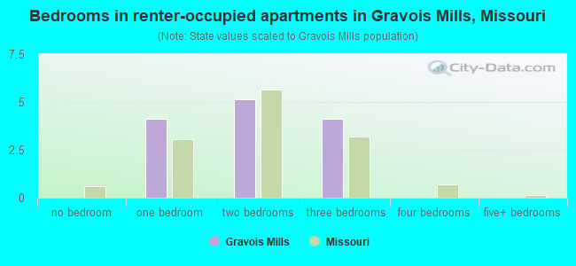 Bedrooms in renter-occupied apartments in Gravois Mills, Missouri