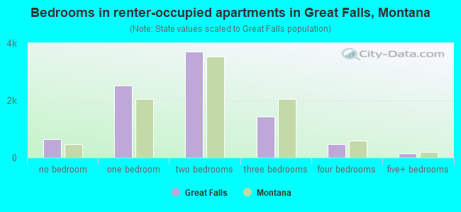 Bedrooms in renter-occupied apartments in Great Falls, Montana
