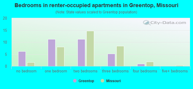 Bedrooms in renter-occupied apartments in Greentop, Missouri