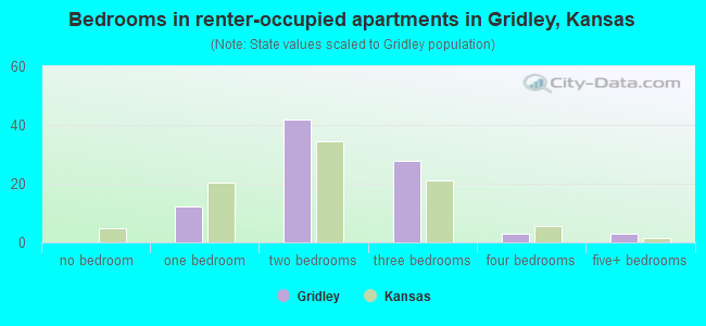 Bedrooms in renter-occupied apartments in Gridley, Kansas