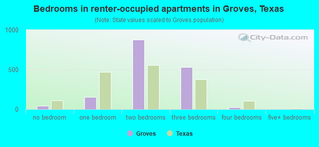 Bedrooms in renter-occupied apartments in Groves, Texas