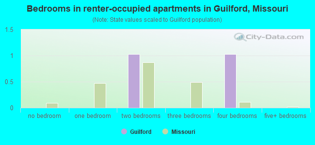 Bedrooms in renter-occupied apartments in Guilford, Missouri