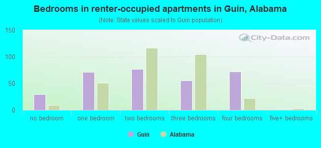 Bedrooms in renter-occupied apartments in Guin, Alabama