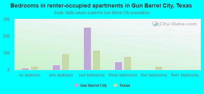 Bedrooms in renter-occupied apartments in Gun Barrel City, Texas