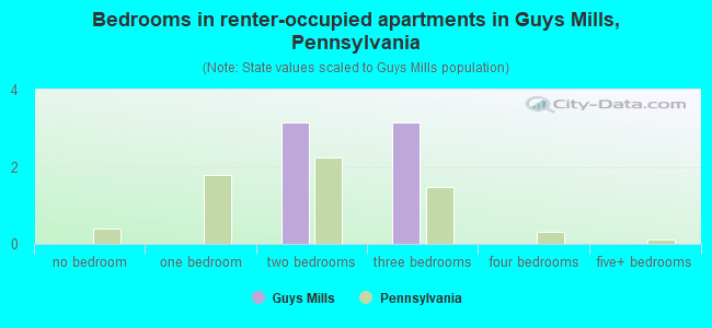 Bedrooms in renter-occupied apartments in Guys Mills, Pennsylvania