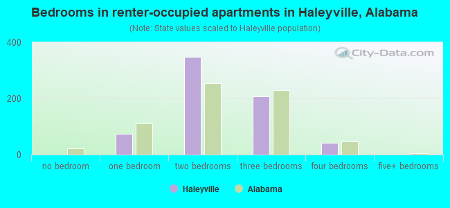 Bedrooms in renter-occupied apartments in Haleyville, Alabama