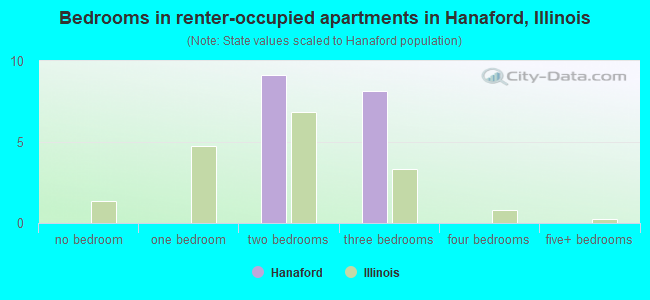 Bedrooms in renter-occupied apartments in Hanaford, Illinois