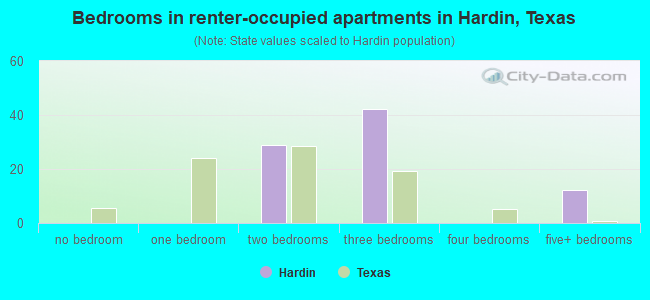 Bedrooms in renter-occupied apartments in Hardin, Texas