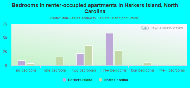 Bedrooms in renter-occupied apartments in Harkers Island, North Carolina