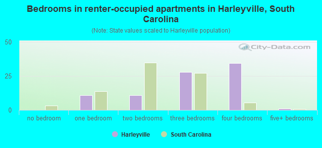 Bedrooms in renter-occupied apartments in Harleyville, South Carolina