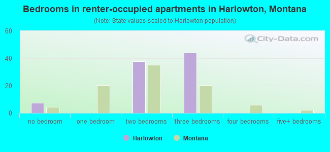 Bedrooms in renter-occupied apartments in Harlowton, Montana