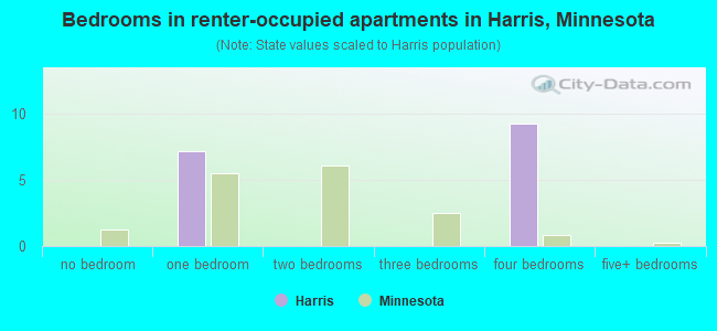 Bedrooms in renter-occupied apartments in Harris, Minnesota