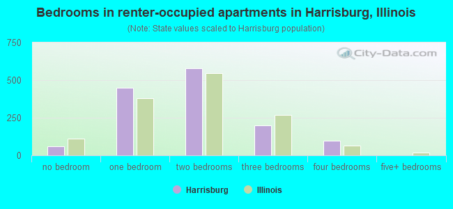 Bedrooms in renter-occupied apartments in Harrisburg, Illinois