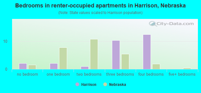 Bedrooms in renter-occupied apartments in Harrison, Nebraska