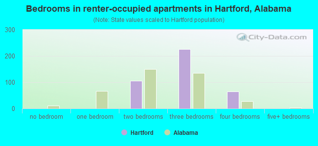 Bedrooms in renter-occupied apartments in Hartford, Alabama