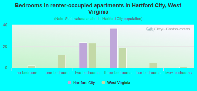 Bedrooms in renter-occupied apartments in Hartford City, West Virginia