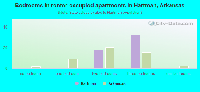 Bedrooms in renter-occupied apartments in Hartman, Arkansas