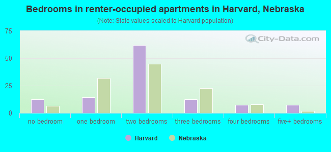 Bedrooms in renter-occupied apartments in Harvard, Nebraska