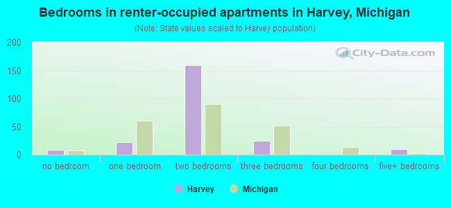 Bedrooms in renter-occupied apartments in Harvey, Michigan