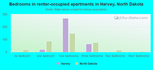 Bedrooms in renter-occupied apartments in Harvey, North Dakota