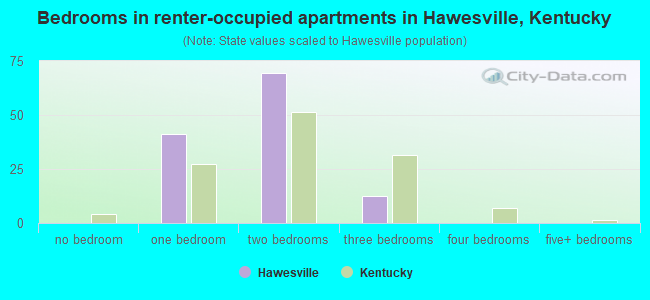 Bedrooms in renter-occupied apartments in Hawesville, Kentucky