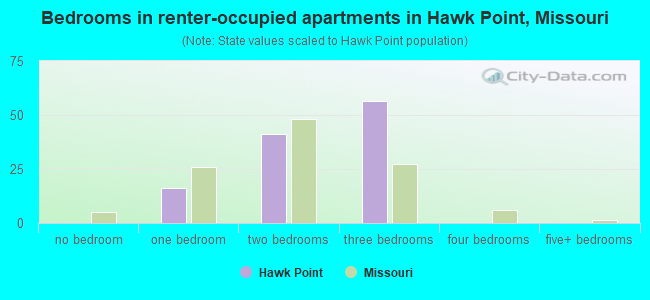 Bedrooms in renter-occupied apartments in Hawk Point, Missouri