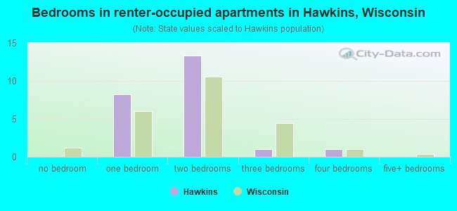 Bedrooms in renter-occupied apartments in Hawkins, Wisconsin