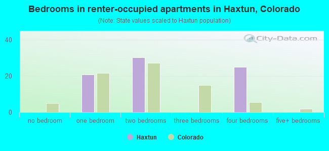 Bedrooms in renter-occupied apartments in Haxtun, Colorado