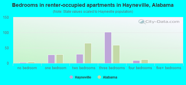 Bedrooms in renter-occupied apartments in Hayneville, Alabama