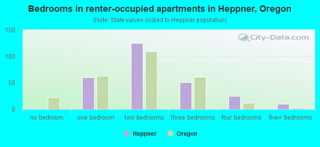 Bedrooms in renter-occupied apartments in Heppner, Oregon