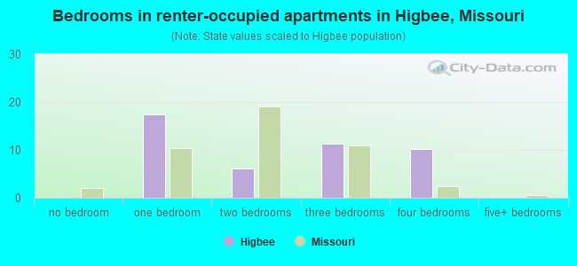Bedrooms in renter-occupied apartments in Higbee, Missouri