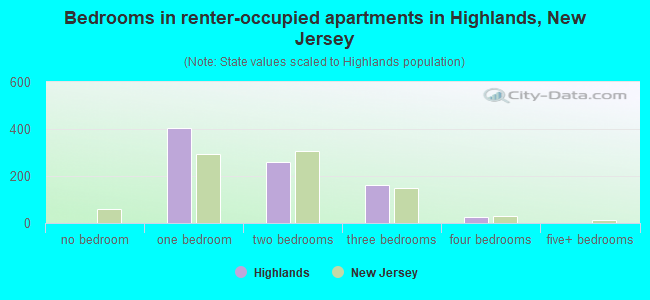 Bedrooms in renter-occupied apartments in Highlands, New Jersey