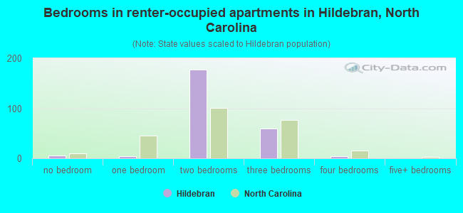 Bedrooms in renter-occupied apartments in Hildebran, North Carolina