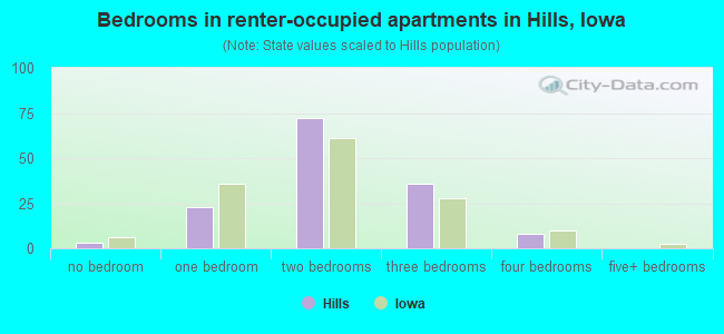 Bedrooms in renter-occupied apartments in Hills, Iowa