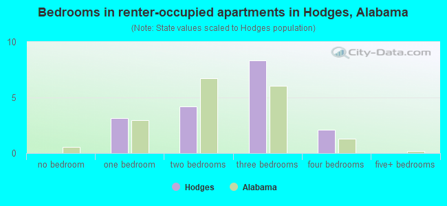 Bedrooms in renter-occupied apartments in Hodges, Alabama