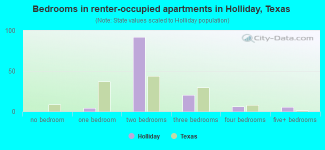 Bedrooms in renter-occupied apartments in Holliday, Texas