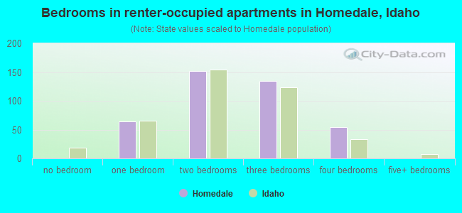 Bedrooms in renter-occupied apartments in Homedale, Idaho