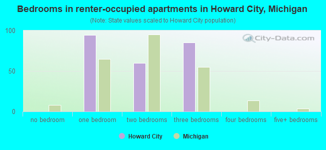 Bedrooms in renter-occupied apartments in Howard City, Michigan